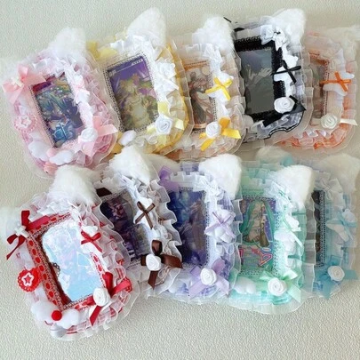 1个新款毛绒猫耳蕾丝照片卡套，10色铃铛蝴蝶结花朵爱心手工DIY成品动漫卡通游戏角色周边ACG偶像粉丝鼓掌卡套，透明洛丽塔装饰卡套