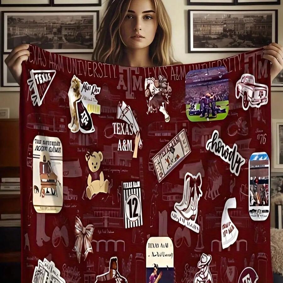 [Personalized Flannel Blanket]1pc Texas A&M University Throw Blanket - 280gsm Heavyweight Flannel All-Season Soft Plush Couch Bedspread - Texas A&M Logo, Mascot, Football, Baseball, Track & Field - 30"x40" - Xem 1