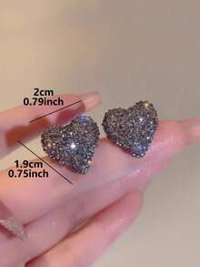 1 对优雅奢华水钻镶嵌心形设计耳环，适合女性日常、派对、舞会、节日穿着 - 黑灰色 - 查看 3