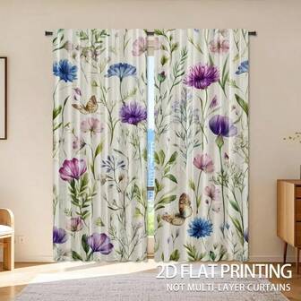 2 st. akvarell blommiga fjärilsmönster med växtmönster, halvtransparenta polyesterstångsgardiner, lämpliga för vardagsrum, maskintvättbara, dekorativa gardiner året runt, gardiner för vardagsrum året runt, vardagsrum, sovrum, badrum, högtidsdekoration