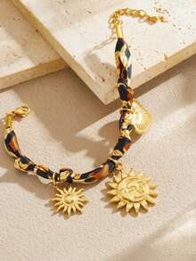 1 Multicolor Leopard Print Ribbon Knotted Bracelet Gold-Plated Retro Heavy Industry Sun Heart Flower Pendant Pendant For Women's Bracelet