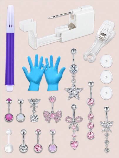 CIZME Kit de perforación de ombligo con pistola, 3 piezas de aros de ombligo, guantes, bolígrafo marcador y pinza asistente, discos desechables, kit de perforación de ombligo con diversos estilos de aros colgantes