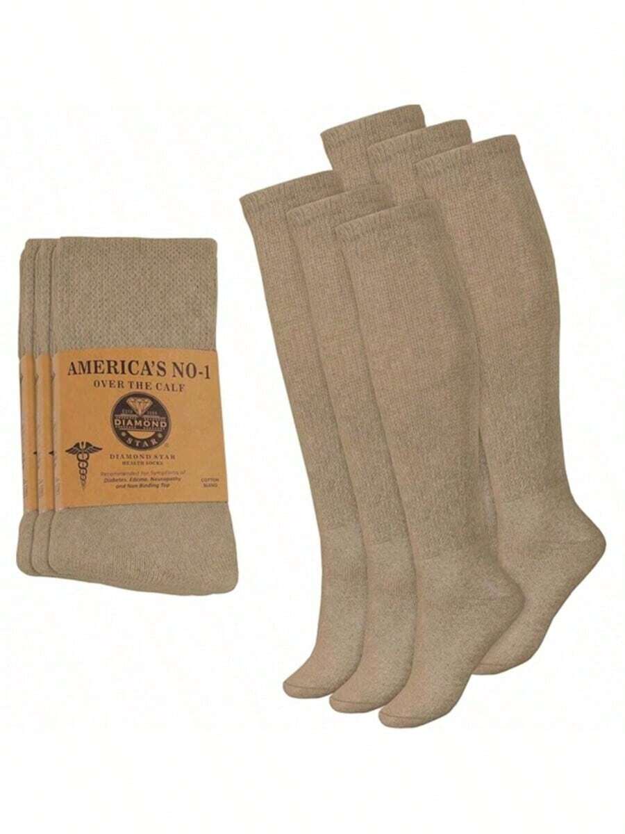 Mens Diabetic Over The Calf Socks Knee Premium Cotton High Socks - Khaki - View 1