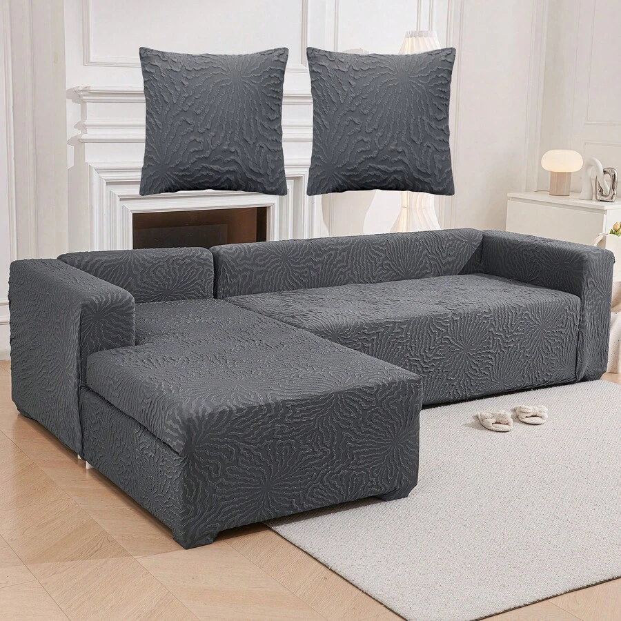 L Shape Sectional Sofa Cover 2-Pieces Couch Chaise Cover Soft Jacquard Elastic Stretch Sofa Slipcover Washable Protector For 3 Seater + 4 Seater Sofa Furniture Protector Couch Stretch L Shape Sofa Slipcover With 2Pcs Pillowcases - Xám - Xem 1
