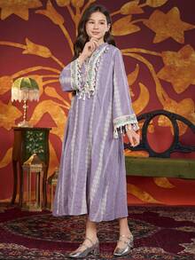 Tween Girl Embroidered Tassel Dress, Purple - Purple - View 5