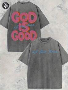 230g Heavyweight Washed Cotton Crew Neck T-Shirt - GOD IS GOOD. Double-Sided Vintage Distressed Pattern, Unisex Relaxed Casual Streetwear Style, Brown Background With Pink And Blue Lettering, Perfect For Spring/Summer Casual Wear, Easter, And Holiday Outfits. Versatile Printed T-Shirt. - Xám - Xem 1