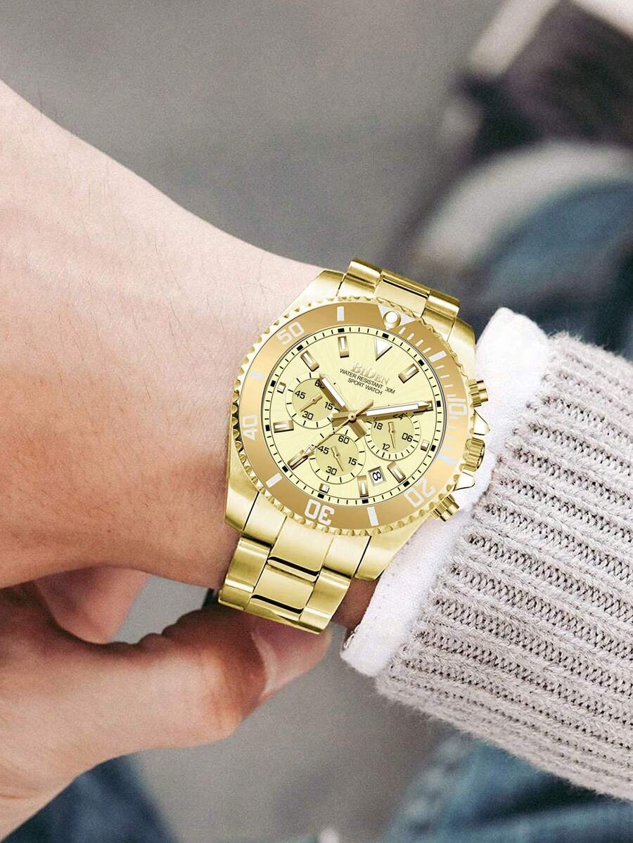 BIDEN Đồng hồ Quartz lặn cổ điển đa chức năng dành cho nam, đồng hồ công sở thường ngày có đèn phát sáng, chống nước, hiển thị ngày, dây đeo bằng thép không gỉ + Dụng cụ cắt dây đeo miễn phí