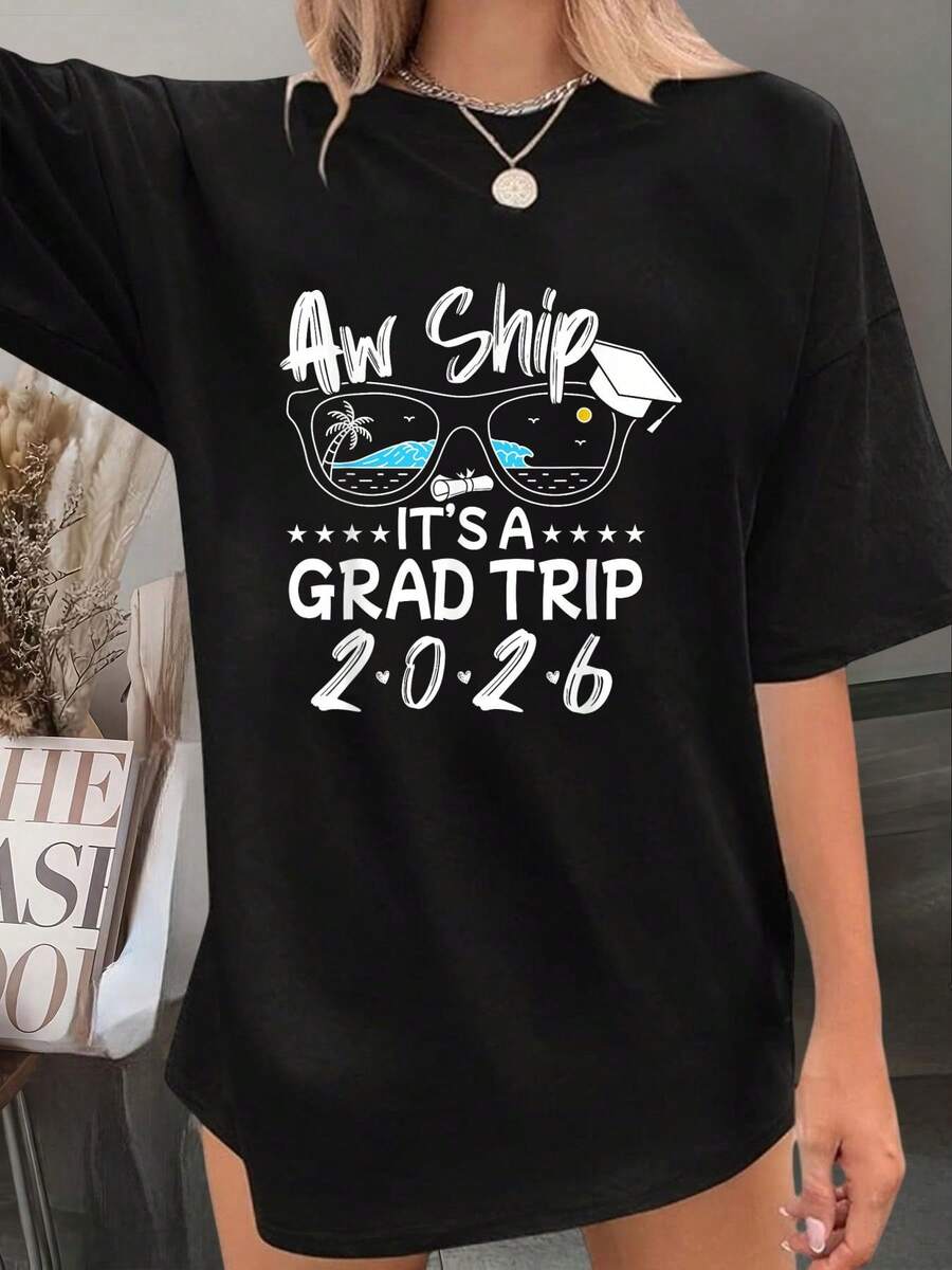 Aw Ship! It's A Graduation Trip 2026 Cruise 2026 Senior T-Shirt  - 100% Cotton T Shirts For Women, Summer Tops Clothes - màu đen - Xem 1