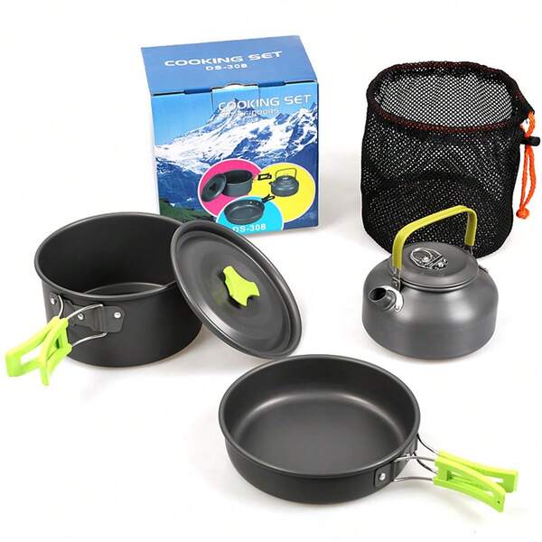 1pc/1set Outdoor Utensils Kettle Pot Frying Pan Portable Non-Stick Aluminum Alloy Camping Cookware Cooking Teapot Picnic Tableware Set Cookware Kit Water Kettle Pan Pot For Hiking Picnic BBQ Equipment, Only Kettle Or Full Cookware Set For You Choose