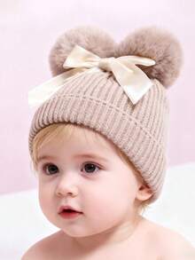 双蝴蝶结蝴蝶结婴儿帽子毛线儿童帽子秋冬加厚儿童针织帽0-3岁 - 彩色 - 查看 10