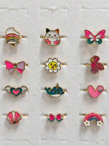 女孩用锌合金戒指、可调节学生戒指、孙女礼物、儿童生日礼物、派对戒指、圣诞礼物、卡通可爱戒指、适合日常佩戴的多件套戒指