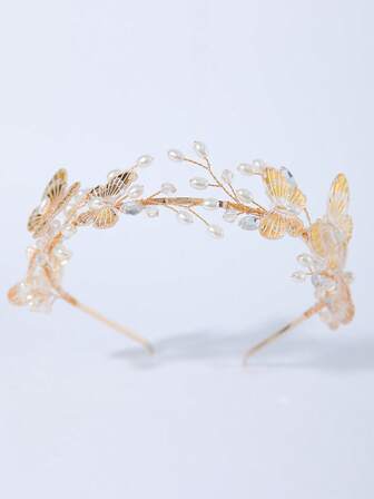 1pc Bridal Headpiece, Faux Pearl & Crystal Butterfly Resin Hair Accessory, Elegant For Wedding, Banquet, Party