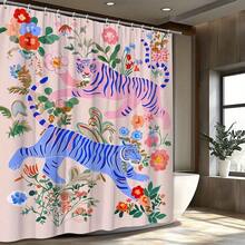 1Pc Shower Curtain - Pink & Blue Tigers With Floral Patterns, Machine Washable Bathroom Decor With 12 Hooks - Soft Pink Background, Polyester Window Curtain For Modern Or Traditional Bathrooms - Perfect For Animal Print Fans & Jungle Themes, Shower Curtain Sets For Bathrooms, Vibrant Fantasy Design, Easy Maintenance Fabric, Bathroom Decoration And Accessories - 款式1 - 查看 3