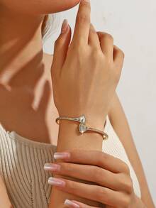 1pc Elegant & Charming 18K Gold Plated Zirconia Adjustable Apricot Leaf Bangle Bracelet, Jewelry Gift For Women, Suitable For Daily Wear, Party, Date