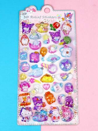 Sanrio 3D Three-Dimensional Relief Crystal Sticker Student Cartoon Sanrio Kuromi Melody Cinnamon Dog Cat Water Sticker Animal Sticker Decoration Mobile Phone Case Cup Bedroom Decoration Sticker Pattern Random