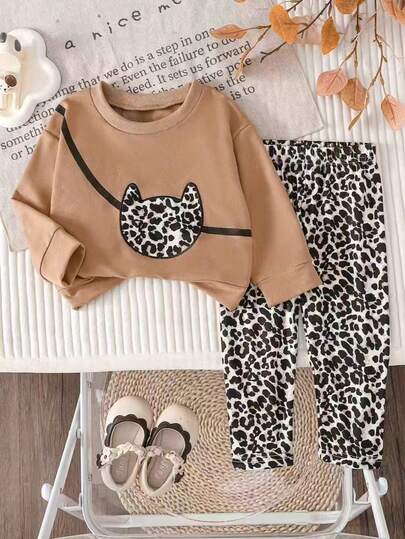 Baby Girl Khaki Cat Embroidery Long Sleeve Sweatshirt And Leopard Print Straight Pants Set, Autumn/Winter