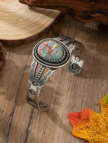 1pc Vintage Bohemian Style Women's Half-Arc Floral Carved Faux Stone Iron Bangle, Suitable For Outfit Matching, Daily And Holiday Wear - Imitation Jade Color - View 5