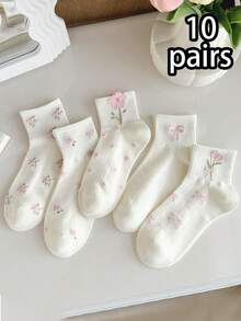 5 pares de calcetines cortos de niña en blanco y rosa con bordado floral y de lazo, que absorben la humedad y son cómodos hasta el tobillo, adecuados para usar a diario en primavera y verano