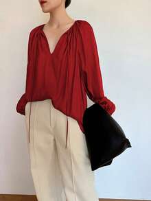 Elegant Women's Shirt, Loose V-Neck Faux Silk Satin Shirt, Balloon Sleeves And Ruched - Rojo - Ver 10