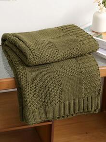 Manta de punto acogedora con detalle de volantes para todas las estaciones, multiusos y cómoda para acampar, sofá, tomar el sol y siestas, manta de punto con ribete de volantes, manta de camping - Verde Oliva - Ver 4