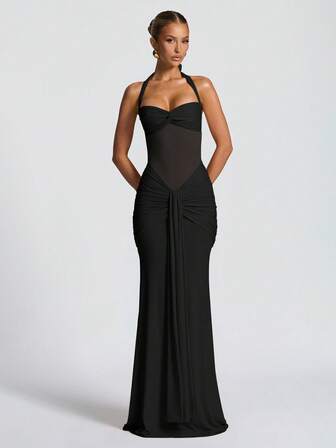 Sexy Spaghetti Strap Backless Waist Cinched High Slit Dress, Mesh Patchwork Vacation Party Dress