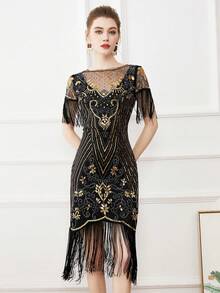 Váy dự tiệc tua rua đính hạt sequin cổ điển thập niên 1920, Váy dạ hội chắp vá bằng vải tuyn dành cho nữ, Váy cocktail phong cách Flapper thanh lịch - màu đen - Xem 2
