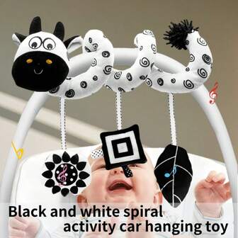 1 pieza Muñeca colgante de cochecito de bebé en blanco y negro, con sonajero, espiral móvil, muñeca de peluche, adecuada como regalo para bebé recién nacido