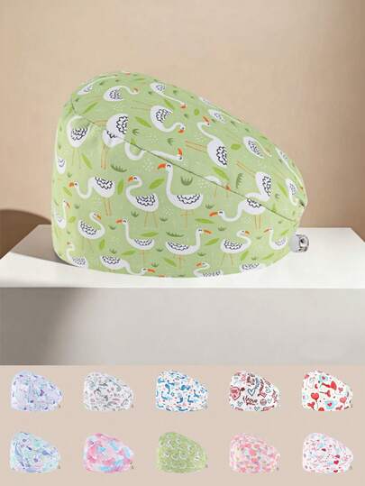 1pc Women's Cartoon Animal & Floral Print Work Cap/Nurse Cap, Adjustable Strap, Suitable For Medical Workers Such As Doctors, Nurses, Beauty Salons, Dental Clinics, Veterinary Hospitals