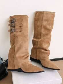 Women's Light-Colored Over-The-Knee Boots, Fashion Khaki Wedge Heel Boots, New Autumn/Winter Pants Boots, Riding Boots, Tall Pleated Boots, Khaki Suede Mid-Calf Slip-On Boots