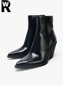 Fall/Winter 25 New Suede Pointed Toe High Heel Ankle Boots For Women, Chunky Heel, Gorgeous Brown Maillard Boots, Slim Fit, Boots - Black - View 1