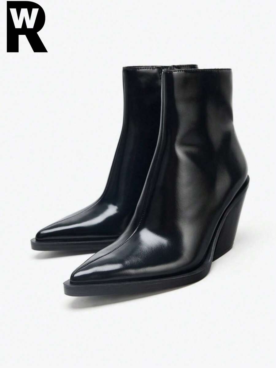 Fall/Winter 25 New Suede Pointed Toe High Heel Ankle Boots For Women, Chunky Heel, Gorgeous Brown Maillard Boots, Slim Fit, Boots - Black - View 1