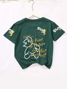 Camiseta casual de cuello redondo con estampado de oso de dibujos animados y eslogan para adolescentes, verano - Verde Oscuro - Ver 6