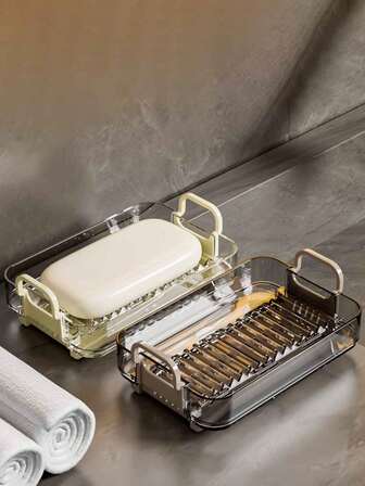 1 pieza Jabonera de doble capa con drenaje, adecuada para el tocador del baño, soporte de jabón portátil de lujo con doble oreja y ventilación, caja de jabón grande con tapa (Blanco, Gris)