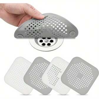 5pcs Silicone Sink And Shower Hair Catcher, With Perforated Drain Holes - Multifunctional Bathtub/Kitchen Sink Strainer, Clog-Free Design, Easy-To-Clean Rounded Edges, Suitable For Bathroom And Kitchen Sinks, Dishwasher (No Electricity Required), Modern White Color, Efficient Drainage System, For Shower And Bathtub, Prevent Clogging, Easy Maintenance, Sturdy Plastic Structure, Bathroom Filter, Bathtub Sink Drain Filter, Bathtub Drain Stopper