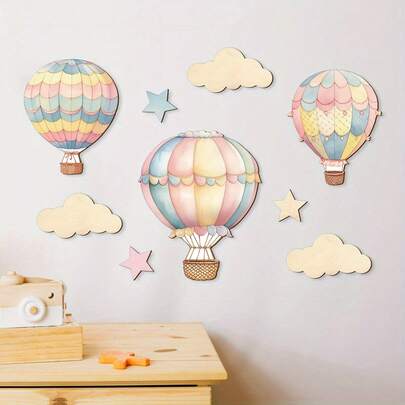 طقم مكون من 9 قطع، ديكور جداري خشبي بشكل بالونات هوائية ساخنة، مع سحابة وديكور نجوم، طقم فني مناسب لغرف النوم والفصول الدراسية وغرف اللعب، سهل التعليق، ديكور جداري للفصول الدراسية، فن جداري حيوي، تصميم كلاسيكي