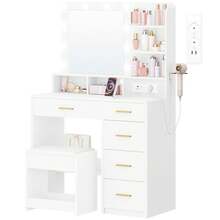 Hzuaneri Tocador, 3 Colores, Tocador con Espejo Grande, Taburete y Soporte para Secador de Pelo, Tocador con Múltiples Cajones, 6 Estantes Abiertos, Blanco