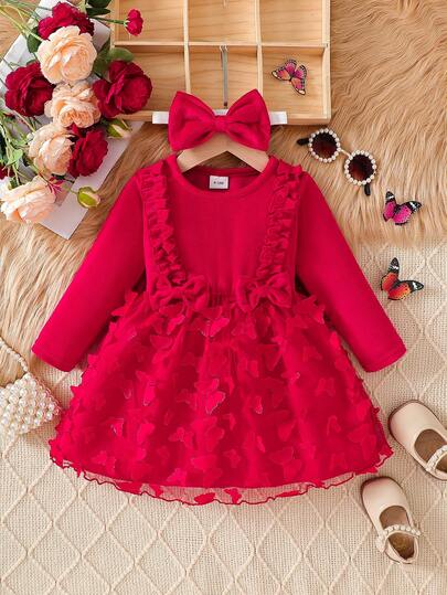 Baby Girl Red 3D Butterfly Flower Dress, Decorated With Big Bow + Tulle Skirt, Sweet Princess Style, Suitable For Party & Daily Wear, Autumn/Winter