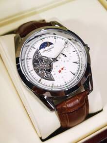 AOKULASIC 1pc Business Skeleton Automatic Mechanical Watch For Men Luminous Hands Leather Strap Fashion Casual Tourbillon Men Watches Gifts With Box - White - View 4