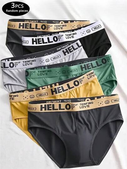 3pcs/Pack Random Color Men's Asymmetrical Letter Waistband Comfortable Soft Boxer Briefs, Suitable For Sports, Casual, Home Wear, Men's Underwear Gift