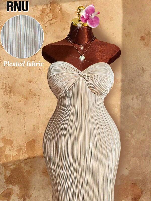 RNU Vestido maxi elegante con brillo metálico y pliegues para mujer de talla grande, vestido ajustado sin mangas, adecuado para fiestas de Navidad, bodas, celebraciones de Año Nuevo y galas formales