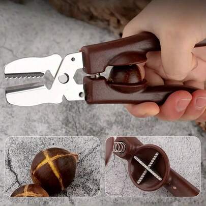 1pc Stainless Steel Chestnut Shelling Tool - Ergonomic Brown Handle, Efficient Hazelnut And Hard Nut Peeler, Kitchen Gadget, User-Friendly And Easy To Use
