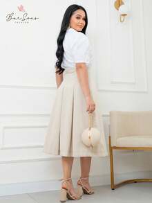 Saia Midi Godê Com Pregas em Linho Misto Moderna Moda Modesta Cristã Evangelica Elegante Premium Escritorio - REF: Dalia