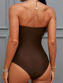 1pc Solid Color Elegant Ruffled One-Piece Swimsuit, Vacation & Beach, Summer - Coffee Brown - View 6