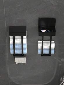 1pc Modern Design Style Wrought Iron Wall Mount Towel Rack With Storage Box - Multi-Function No Punching Bathroom Organizer For 4 Large Towels, Towel Bar/Paper Roll Holder/Phone Holder, Home Decor Accessory, Black