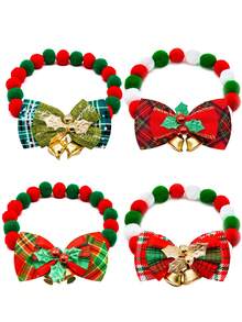 2pcs Christmas Pet Fluffy Necklace & Collar Decorations, Limited Edition Pet Accessories, Christmas Costume Accents, Fluffy Bow Collars For Small Dogs And Cats
