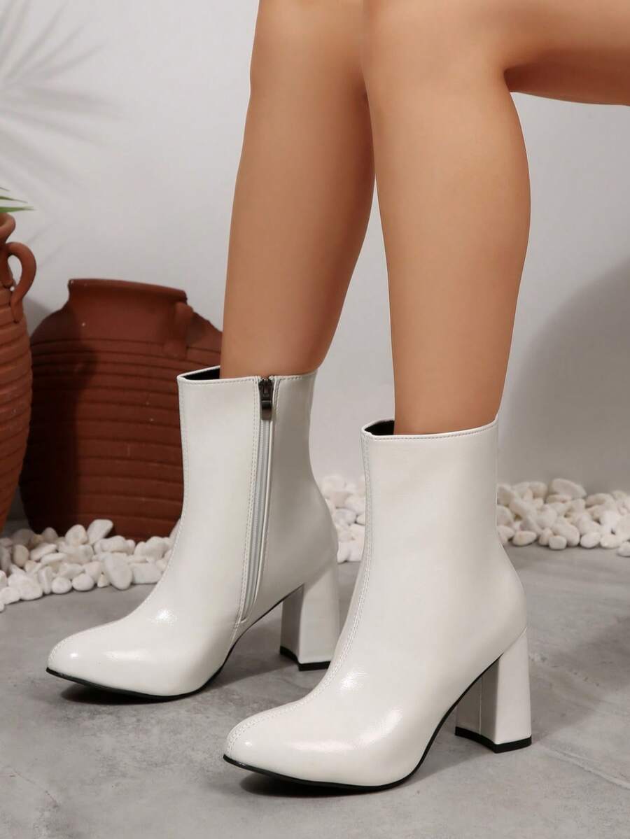 Plus Size Women's Boots, New Autumn/Winter 2025 Collection, British Style Side Zipper Thick High Heel Short Boots - White - View 1
