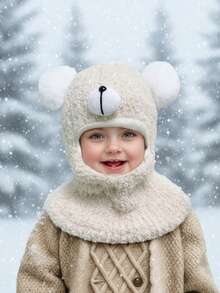 1pc Toddler Boys' Bear Ear Hooded Hat, Thermal Lined, Baby Hat With Scarf, Balaclava, Knitted Beanie, Warm Cap - 1PC - View 9