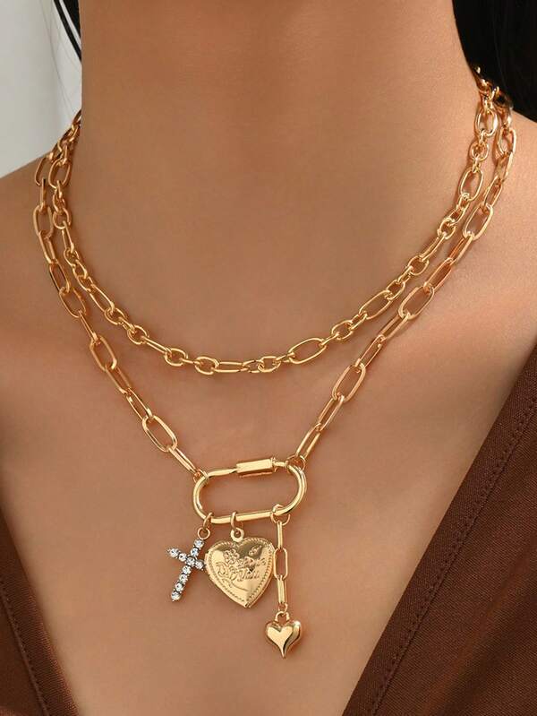 قلادة قلب مزدوجة الطبقة مرصعة بالراين، قلادة صليب للنساء، هدية بسيطة، مناسبة للارتداء اليومي، قطعتان