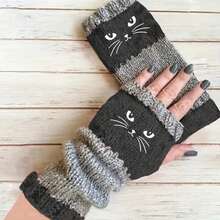 Cat-Shaped Embroidery Contrasting Color Retro Warm Fashion Finger-Exposing Thickened Ladies' Casual Gloves