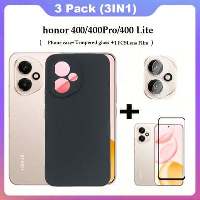 Estuche 3 en 1 para Honor 400/400 Lite, de TPU silicona suave anti-caídas + Película de vidrio templado de pantalla completa + Película para lente